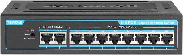Main image of TEROW 8-Port PoE Gigabit Switch with 2 Gigabit Uplink, 8 PoE+Port 1000Mbps, 96W, 802.3af/at Vlan, Metal fanless Design, Plug-and-Play, Desktop and Wall-MountEthernet Splitter, Elegant Black Blue
