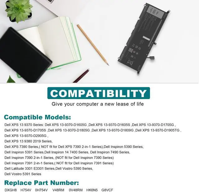 Alt view image 2 of 5 - TREE.NB DXGH8 Battery for Dell XPS 13 9370 9380 2019 Inspiron 13 7390 7391 2-in-1 5390 5391 Latitude 3301 E3301 Vostro 5390 5391 Series 0H754V H754V G8VCF P82G HK6N5 7.6V/52Wh