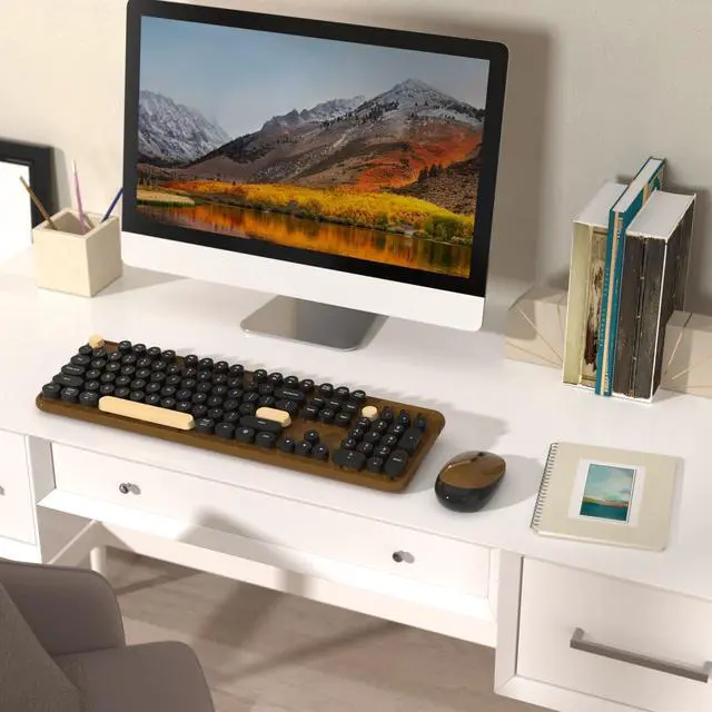 Alt view image 2 of 5 - Wireless Computer Keyboards Mouse Combos, COVEVA Colorful Typewriter Retro Keyboard with Round Keycaps, USB Keyboard and Mouse Set 2.4GHz Full-Size Wireless Keyboard and Optical MouseBlack-Coffee