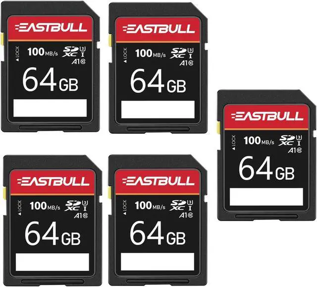 Main image of 5-Pack of SD Card 64GB EASTBULL Class 10 SD Cards U1 V30 High-Speed 100MB/s Read SDXC Memory Card 5-Pack for Camera, Full HD Video, with 5 Mini Cases (64 GB, 5 Pack)