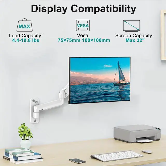 Alt view image 2 of 5 - ErgoFocus Monitor Wall Mount Fits 17-32 Inch Flat/Curved Computer Screens, Single Monitor Wall Arm Holds up to 19.8lbs, Height Adjustable Gas Spring Wall Monitor Stand Tilt, VESA Mount 75/100, White