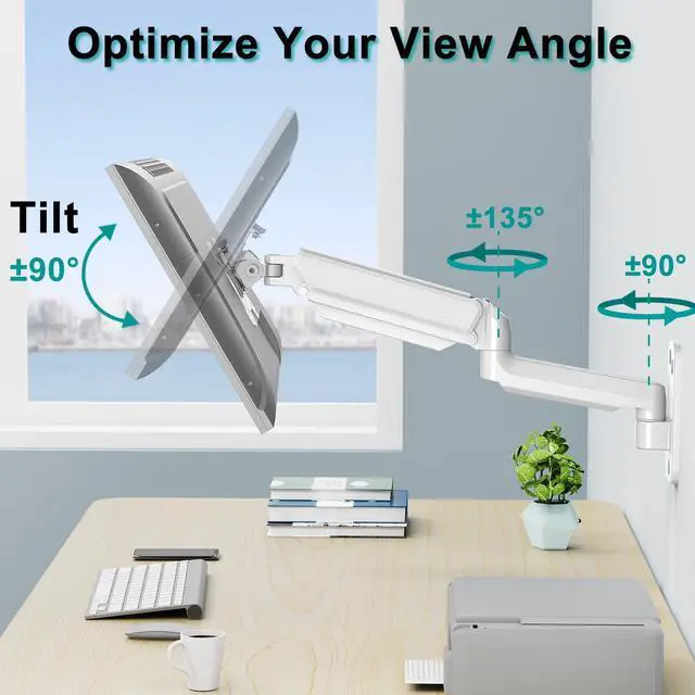 Alt view image 4 of 5 - ErgoFocus Monitor Wall Mount Fits 17-32 Inch Flat/Curved Computer Screens, Single Monitor Wall Arm Holds up to 19.8lbs, Height Adjustable Gas Spring Wall Monitor Stand Tilt, VESA Mount 75/100, White