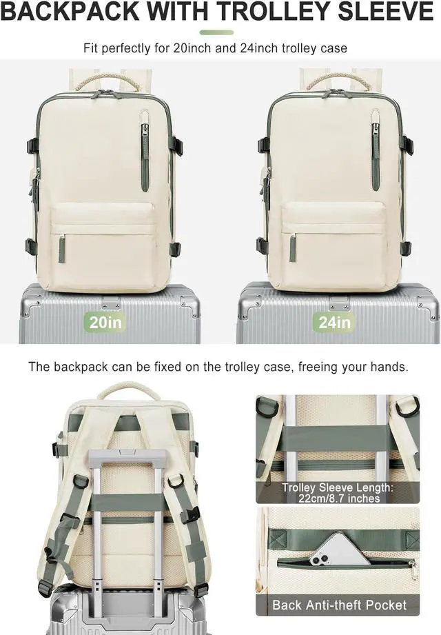 Alt view image 3 of 5 - VGCUB Large Travel Backpack Bag for Women Men,Carry on Backpack,17 Inch Laptop Business Work Waterproof Backpack with Laptop Compartment,Person Item Flight Approved,Mochila de Viaje,Beige with Green