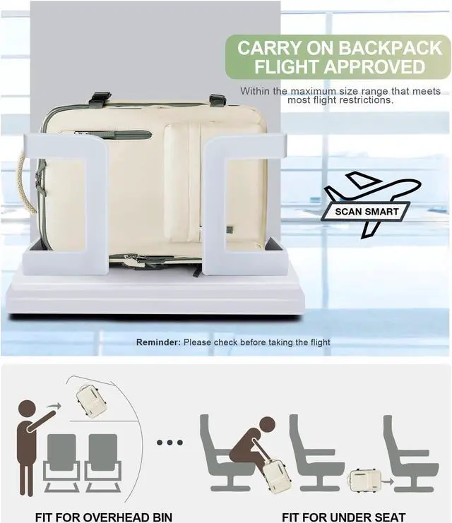 Alt view image 4 of 5 - VGCUB Large Travel Backpack Bag for Women Men,Carry on Backpack,17 Inch Laptop Business Work Waterproof Backpack with Laptop Compartment,Person Item Flight Approved,Mochila de Viaje,Beige with Green