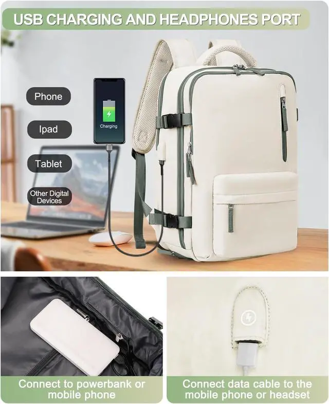 Alt view image 5 of 5 - VGCUB Large Travel Backpack Bag for Women Men,Carry on Backpack,17 Inch Laptop Business Work Waterproof Backpack with Laptop Compartment,Person Item Flight Approved,Mochila de Viaje,Beige with Green