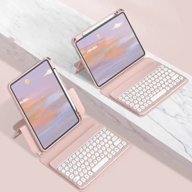 Alt view image 2 of 5 - GOOVEN Keyboard Cover for iPad 10.2" /Air3 Pro 10.5", iPad 9 8 7 Magnetic Detachable BT Keyboard Transparent Back Cover Cute Round Key Caps vertical Kickstand (iPad 10.2''/10.5'', Pink)