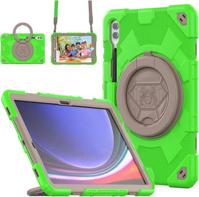 Main image of Heavy Duty Case for Galaxy Tab S9 Plus(SM-X810/ SM-816B/ SM-818U), Shockproof Rugged Cover with Handle Grip 360deg Rotate Kickstand, Shoulder Strap, S Pen Holder, Green