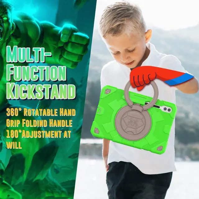 Alt view image 2 of 5 - Heavy Duty Case for Galaxy Tab S9 Plus(SM-X810/ SM-816B/ SM-818U), Shockproof Rugged Cover with Handle Grip 360deg Rotate Kickstand, Shoulder Strap, S Pen Holder, Green