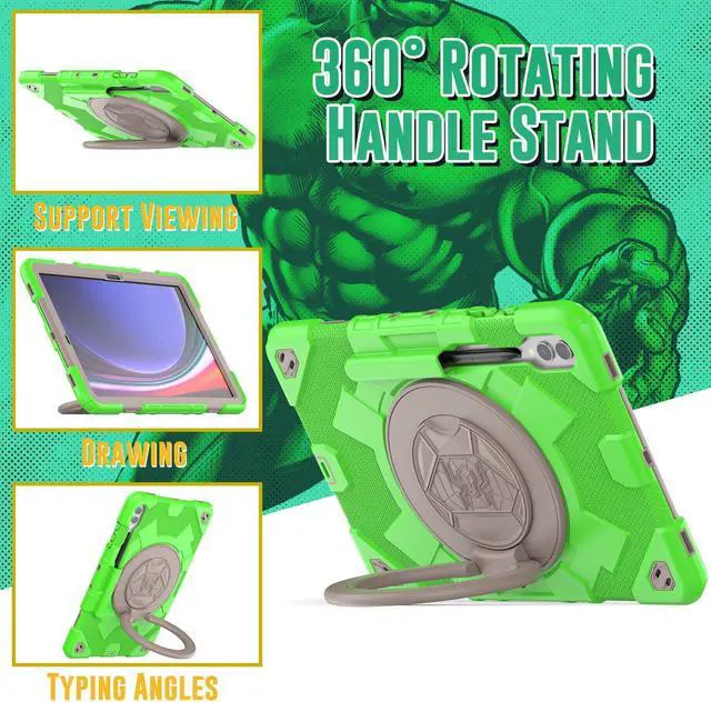 Alt view image 3 of 5 - Heavy Duty Case for Galaxy Tab S9 Plus(SM-X810/ SM-816B/ SM-818U), Shockproof Rugged Cover with Handle Grip 360deg Rotate Kickstand, Shoulder Strap, S Pen Holder, Green