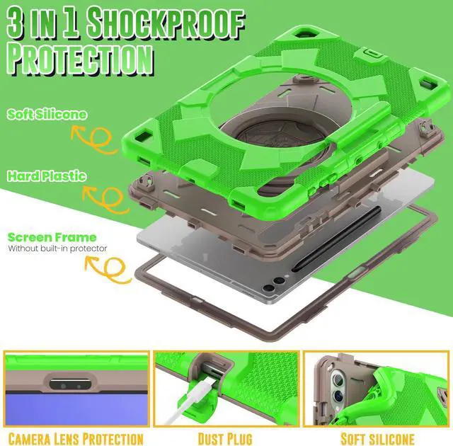 Alt view image 5 of 5 - Heavy Duty Case for Galaxy Tab S9 Plus(SM-X810/ SM-816B/ SM-818U), Shockproof Rugged Cover with Handle Grip 360deg Rotate Kickstand, Shoulder Strap, S Pen Holder, Green