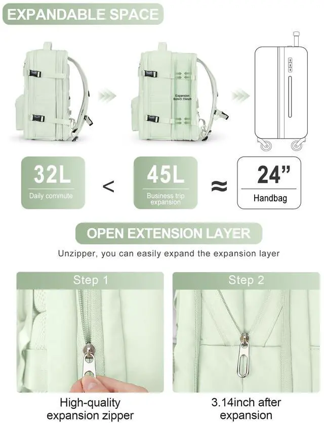 Alt view image 3 of 5 - winspansy Carry on Backpack,Travel Backpack for Women Men Airline Approved Personal Item Size Hiking Gym Backpack Weekender Casual Daypack Backpack Bag with Shoe Compartment, Light Green Extension
