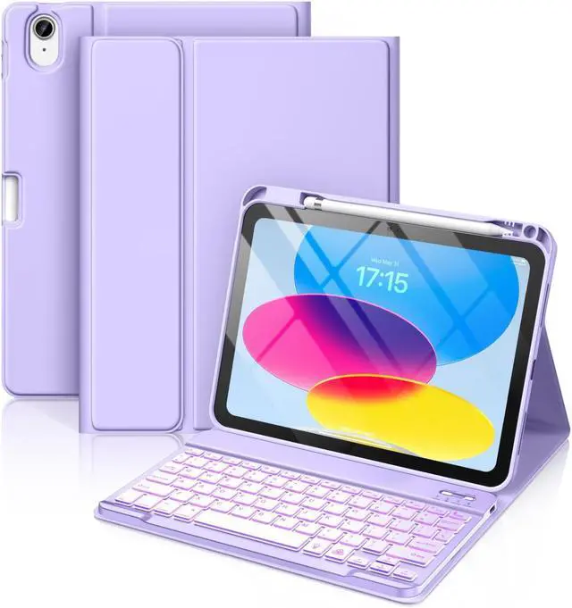 Main image of Hamile for iPad 11th 10th Generation Case with Keyboard - 7 Colors Backlit Wireless Detachable Folio Keyboard Cover with Pencil Holder for iPad 11-inch A16 2025 10th Gen 10.9 Inch 2022 (Purple)