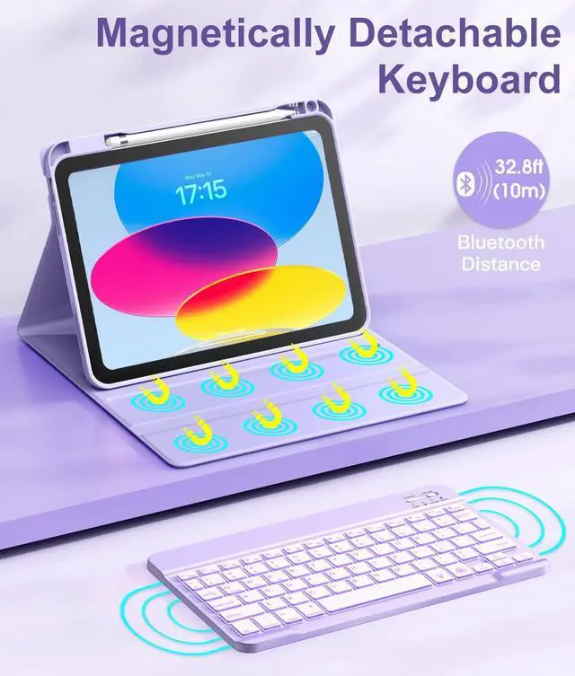 Alt view image 4 of 5 - Hamile for iPad 11th 10th Generation Case with Keyboard - 7 Colors Backlit Wireless Detachable Folio Keyboard Cover with Pencil Holder for iPad 11-inch A16 2025 10th Gen 10.9 Inch 2022 (Purple)