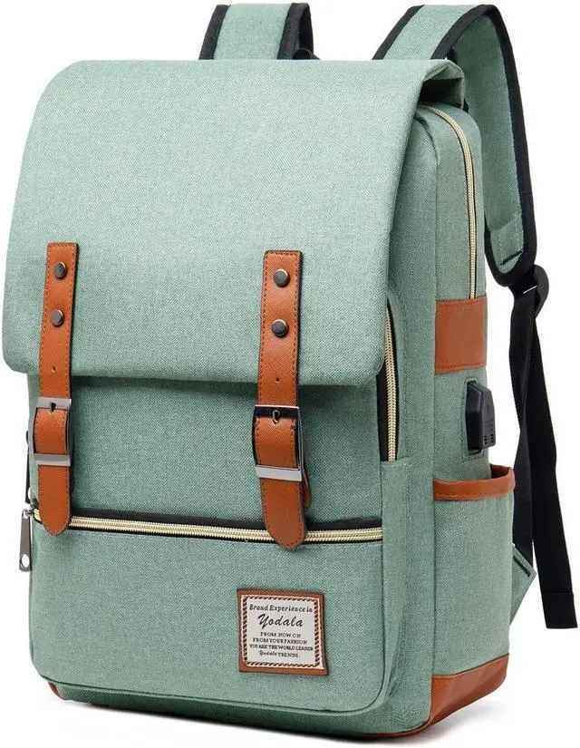 Main image of YODALA Vintage Laptop Backpack for women men, Water Resistant Cool Work Bag Computer Backpack with USB Charging Port for Travel College, Fits up to 15.6Inch Notebook in Green