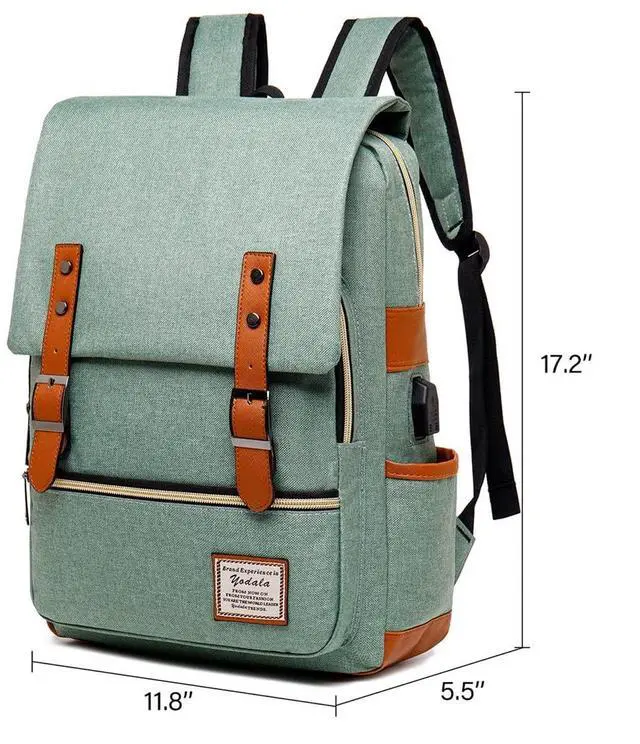 Alt view image 3 of 5 - YODALA Vintage Laptop Backpack for women men, Water Resistant Cool Work Bag Computer Backpack with USB Charging Port for Travel College, Fits up to 15.6Inch Notebook in Green