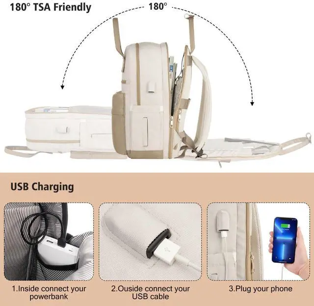 Alt view image 2 of 5 - YAMTION 17 Inch Laptop Backpack for Women Bookbag School Backpack with Charger,Aesthetic Computer Backpacks for High School Teen Girls Office College Students Nursing Work,Mochila Mujer,Beige
