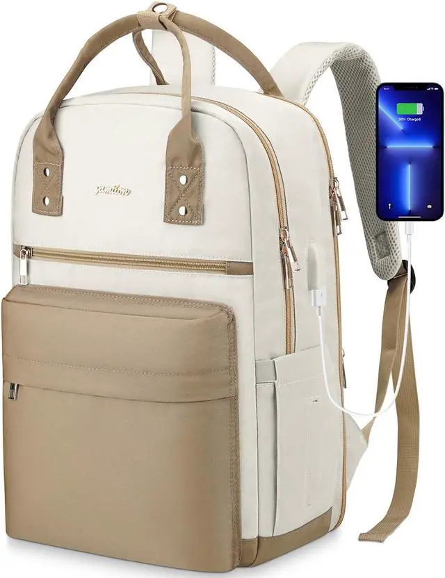 Main image of YAMTION 17 Inch Laptop Backpack for Women Bookbag School Backpack with Charger,Aesthetic Computer Backpacks for High School Teen Girls Office College Students Nursing Work,Mochila Mujer,Beige