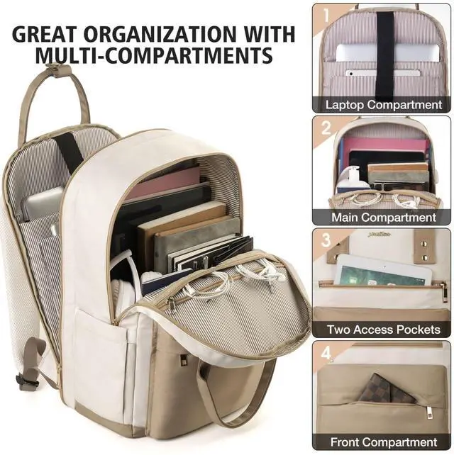 Alt view image 3 of 5 - YAMTION 17 Inch Laptop Backpack for Women Bookbag School Backpack with Charger,Aesthetic Computer Backpacks for High School Teen Girls Office College Students Nursing Work,Mochila Mujer,Beige