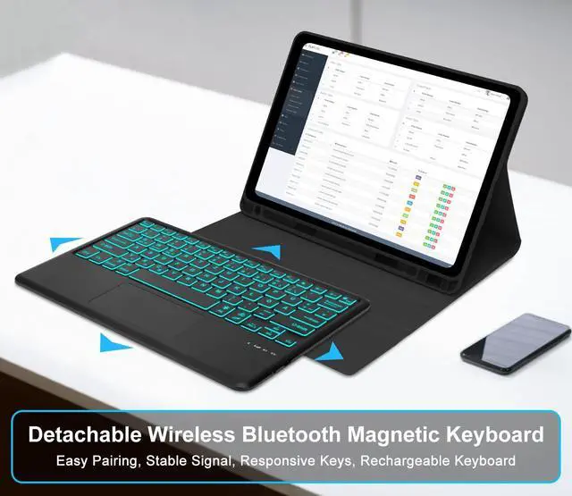 Alt view image 4 of 5 - YEHOBU Keyboard Case for iPad Air 13-inch (M3 2025, M2 2024) & iPad Pro 12.9-inch (6th/5th/4th/3rd Gen), 7 Colors Backlit, Magnetic Detachable Touchpad Keyboard, Smart Folio Cover with Pencil Holder