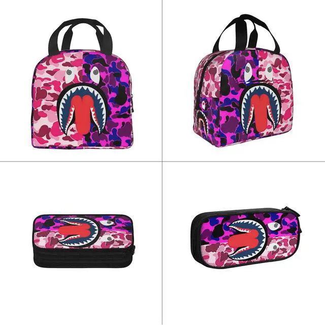 Alt view image 5 of 5 - YBYGBB Backpack Shark Teeth Camo Backpacks Set with Lunch Box Pencil Case Travel Laptop Daypack Big Capacity Bookbag Fashion Durable Back Pack PINK