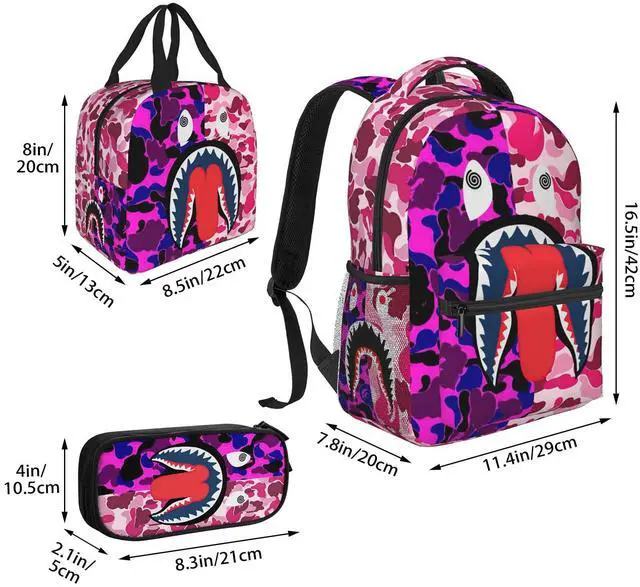 Alt view image 4 of 5 - YBYGBB Backpack Shark Teeth Camo Backpacks Set with Lunch Box Pencil Case Travel Laptop Daypack Big Capacity Bookbag Fashion Durable Back Pack PINK