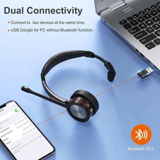 Alt view image 4 of 5 - Yexatel Wireless Headset for Work - Bluetooth Headset with Mic Mute, 30H Talk Time & Charging Base, USB Dongle for PC/Teams/Zoom Meetings-Y890BT