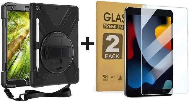 Main image of ZenRich Bundle for iPad 9th/8th/7th Gen 10.2'': 2-Pack Anti Blue Light Tempered Glass Screen Protectors &Rugged Full-Body Case, Black
