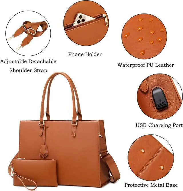 Alt view image 4 of 5 - Laptop Bag for Women Laptop Tote bag Work bag with Adjustable Long Strap for Office Women College Student 2 PCS Set (Brown)