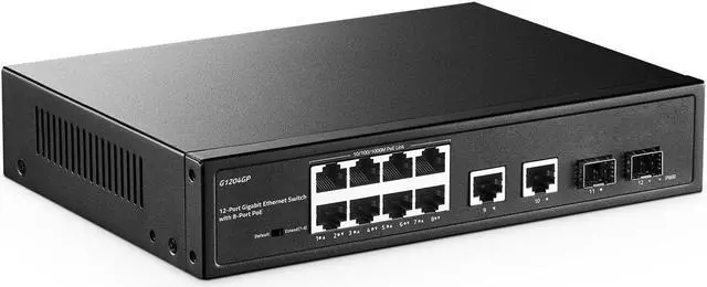 Main image of YuLinca 12 Port Gigabit PoE Switch, 8 Ggiabit PoE+, 2 GE Uplink, 2 Gigabit SFP Slot, IEEE802.3af/at Max 120W, Fanless Unmanaged Plug&Play Desktop Rackmount Ethernet Switch