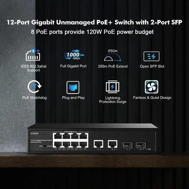 Alt view image 2 of 5 - YuLinca 12 Port Gigabit PoE Switch, 8 Ggiabit PoE+, 2 GE Uplink, 2 Gigabit SFP Slot, IEEE802.3af/at Max 120W, Fanless Unmanaged Plug&Play Desktop Rackmount Ethernet Switch