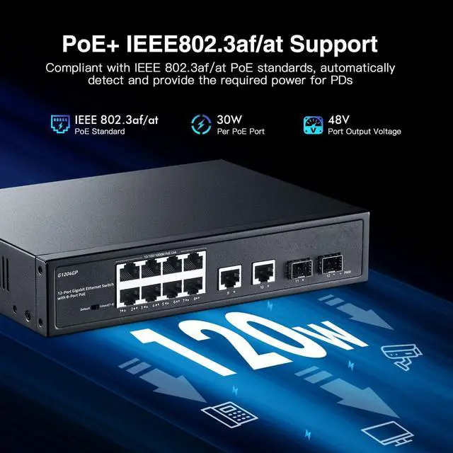 Alt view image 3 of 5 - YuLinca 12 Port Gigabit PoE Switch, 8 Ggiabit PoE+, 2 GE Uplink, 2 Gigabit SFP Slot, IEEE802.3af/at Max 120W, Fanless Unmanaged Plug&Play Desktop Rackmount Ethernet Switch