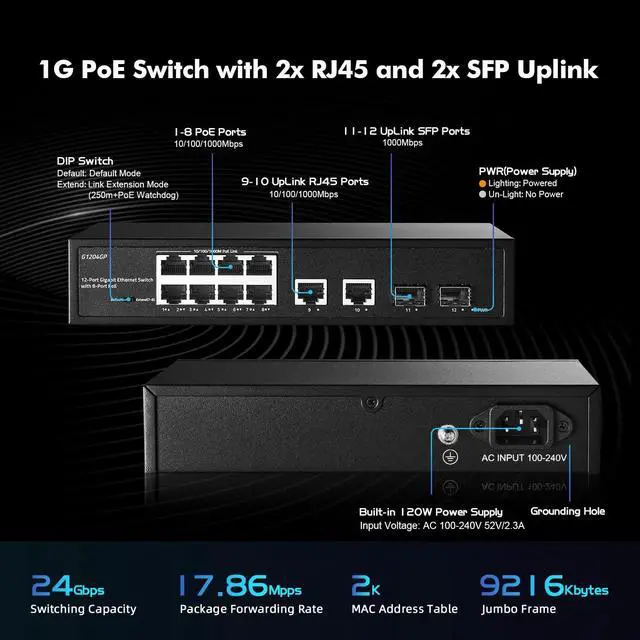 Alt view image 4 of 5 - YuLinca 12 Port Gigabit PoE Switch, 8 Ggiabit PoE+, 2 GE Uplink, 2 Gigabit SFP Slot, IEEE802.3af/at Max 120W, Fanless Unmanaged Plug&Play Desktop Rackmount Ethernet Switch