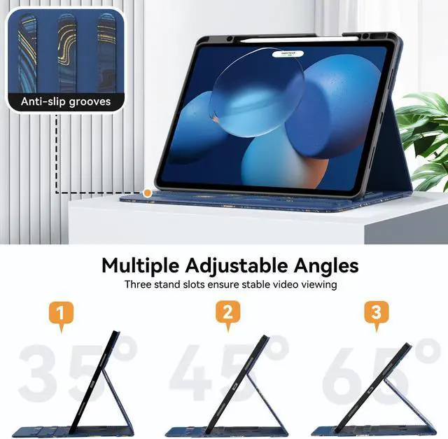 Alt view image 3 of 5 - Zonefoker Case for New iPad Pro 12.9 inch 6th/5th/4th/3rd Generation 2022/2021/2020/2018, 12.9'' ipad Pro Leather Protective Cover 6/5/4/3 Gen with Pencil Holder, Auto Wake/Sleep, Marble Ocean Blue