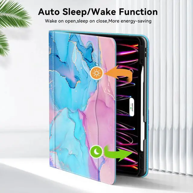 Alt view image 4 of 5 - Zonefoker Case for New iPad Pro 12.9 inch 6th/5th/4th/3rd Generation 2022/2021/2020/2018, 12.9'' ipad Pro Leather Protective Cover 6/5/4/3 Gen with Pencil Holder, Auto Wake/Sleep, Marble Teal Pink