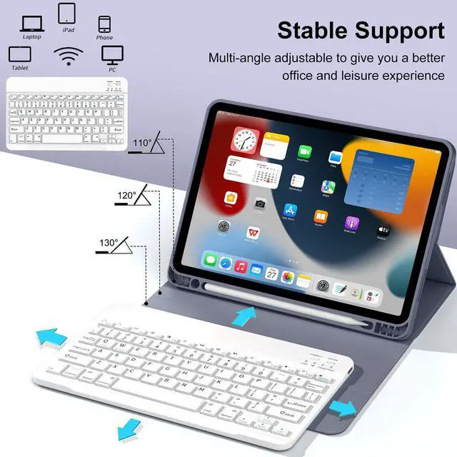 Alt view image 5 of 5 - GKABXY Keyboard Case for iPad Air 11 inch M3/M2 (2025/2024) & iPad Air 5th/4th Gen (2022/2020) 10.9-inch | Detachable Wireless Bluetooth Cover with Pencil Holder (Blue Gray+White Keyboard)