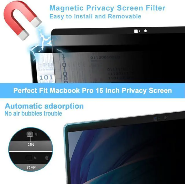 Alt view image 2 of 5 - ZOGEAA Privacy Screen MacBook Pro 15 inch (2016-2019), Magnetic Removable Anti Blue Light Glare Filter Privacy Screen Protector With Camera Cover for Mac 15In Laptop
