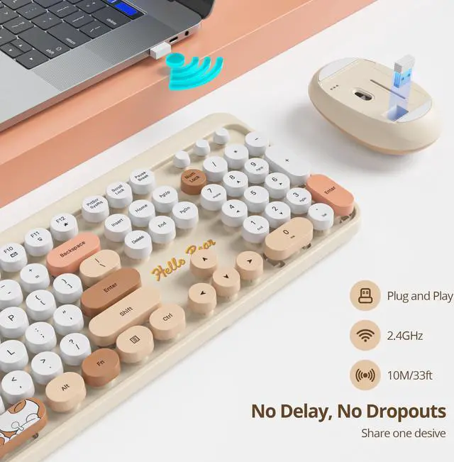 Alt view image 2 of 5 - GTSP Creamy Wireless Keyboard and Mouse, Typewriter Office Full-Sized Colorful 2.4G Cute Aesthetic Keyboard for Computer, Laptop, PC DesktopsBrown
