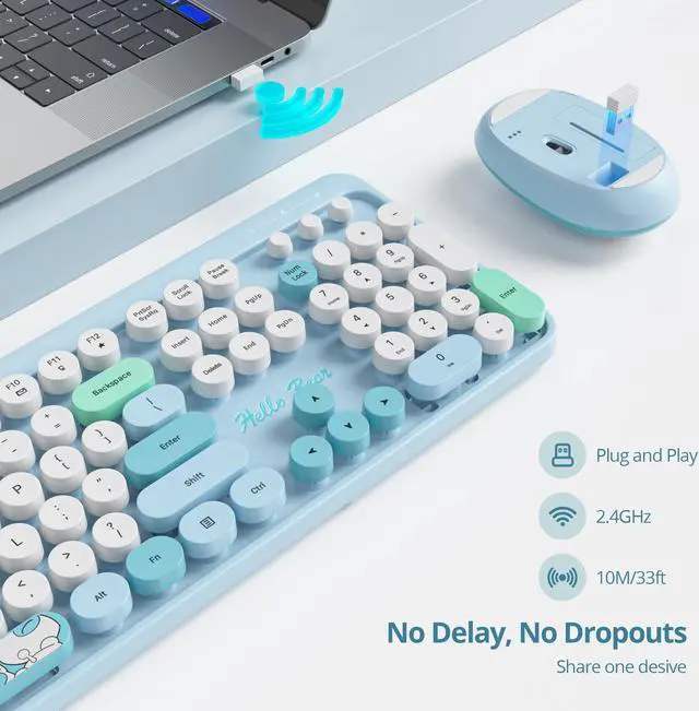 Alt view image 2 of 5 - GTSP Typewriter Wireless Keyboard Mouse Combo, Cute 2.4G Office Full-Sized Retro Keyboard with Round Keycaps for Laptop PC DesktopsBlue