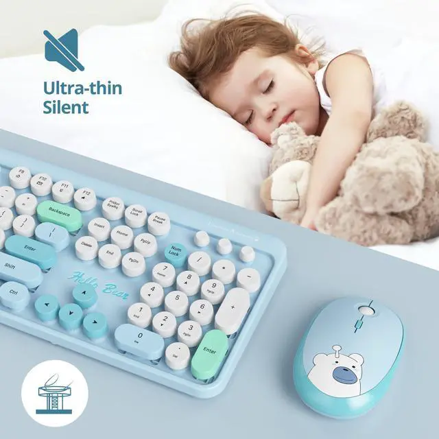 Alt view image 4 of 5 - GTSP Typewriter Wireless Keyboard Mouse Combo, Cute 2.4G Office Full-Sized Retro Keyboard with Round Keycaps for Laptop PC DesktopsBlue