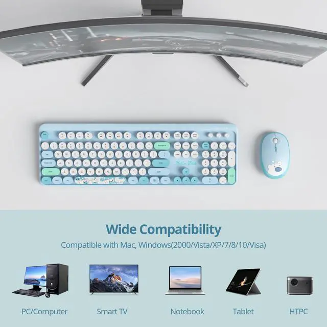 Alt view image 3 of 5 - GTSP Typewriter Wireless Keyboard Mouse Combo, Cute 2.4G Office Full-Sized Retro Keyboard with Round Keycaps for Laptop PC DesktopsBlue