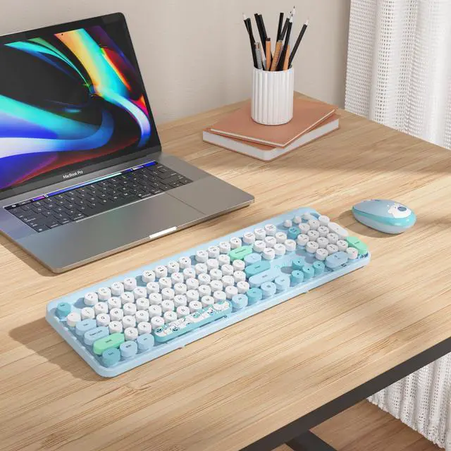 Alt view image 5 of 5 - GTSP Typewriter Wireless Keyboard Mouse Combo, Cute 2.4G Office Full-Sized Retro Keyboard with Round Keycaps for Laptop PC DesktopsBlue