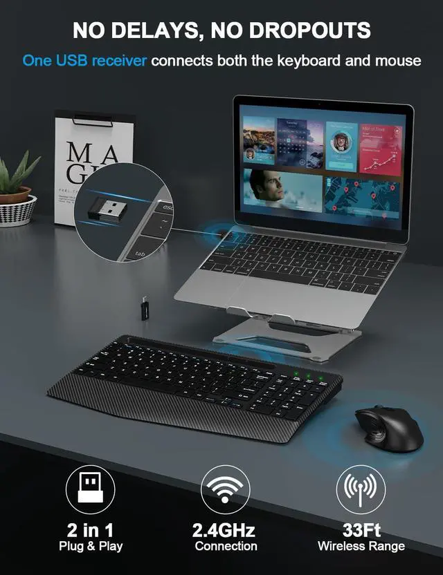 Alt view image 4 of 5 - Wireless Keyboard and Mouse Combo, Ergonomic Keyboard with Wrist Rest, Phone Holder, Sleep Mode, 2.4G Lag-Free Rechargeable Compact Silent Cordless Keyboard Mouse for Windows, Mac, Laptop, PC (Black)