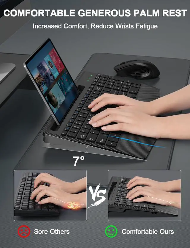 Alt view image 2 of 5 - Wireless Keyboard and Mouse Combo, Ergonomic Keyboard with Wrist Rest, Phone Holder, Sleep Mode, 2.4G Lag-Free Rechargeable Compact Silent Cordless Keyboard Mouse for Windows, Mac, Laptop, PC (Black)