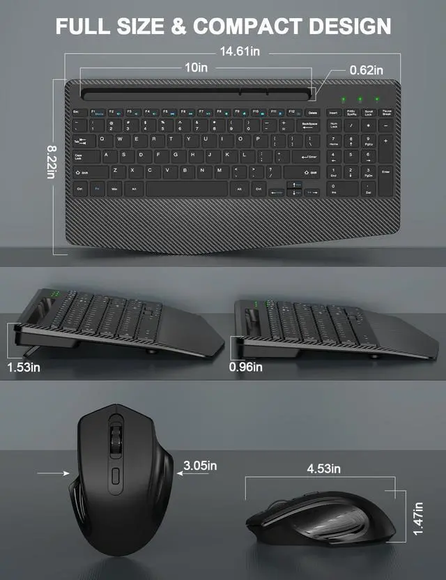 Alt view image 3 of 5 - Wireless Keyboard and Mouse Combo, Ergonomic Keyboard with Wrist Rest, Phone Holder, Sleep Mode, 2.4G Lag-Free Rechargeable Compact Silent Cordless Keyboard Mouse for Windows, Mac, Laptop, PC (Black)