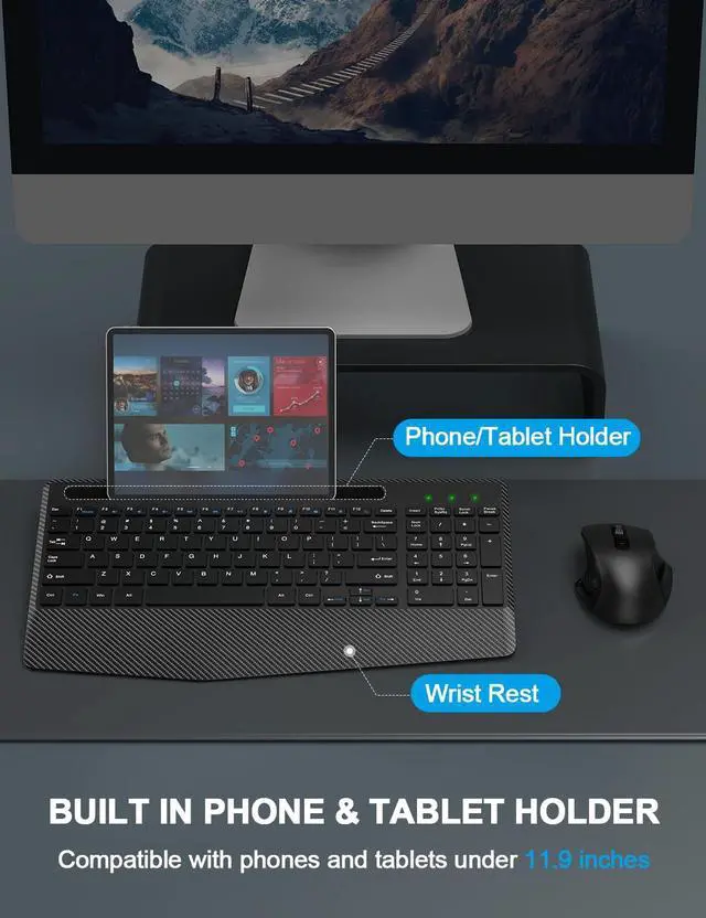 Alt view image 5 of 5 - Wireless Keyboard and Mouse Combo, Ergonomic Keyboard with Wrist Rest, Phone Holder, Sleep Mode, 2.4G Lag-Free Rechargeable Compact Silent Cordless Keyboard Mouse for Windows, Mac, Laptop, PC (Black)