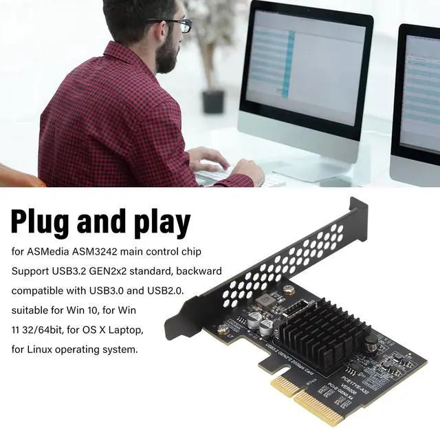 Alt view image 5 of 5 - Heayzoki PCIE 4X to USB 3.2 Gen 2 Expansion Card, 20Gbps Type E A Key Expansion Card, ASM3242 Main Control Chip, Front Panel Type C Interface for Desktop PC