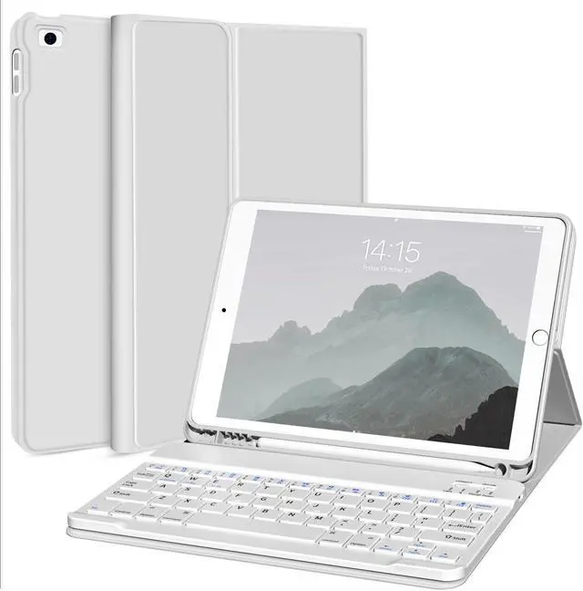 Main image of KENKE Keyboard Case for iPad 9.7 inch 2018 (6th Gen) / iPad 2017 (5th Gen) / iPad Air 2/1, Lightweight Smart Cover with Pencil Holder, Magnetically Detachable Wireless Keyboard, Gray White