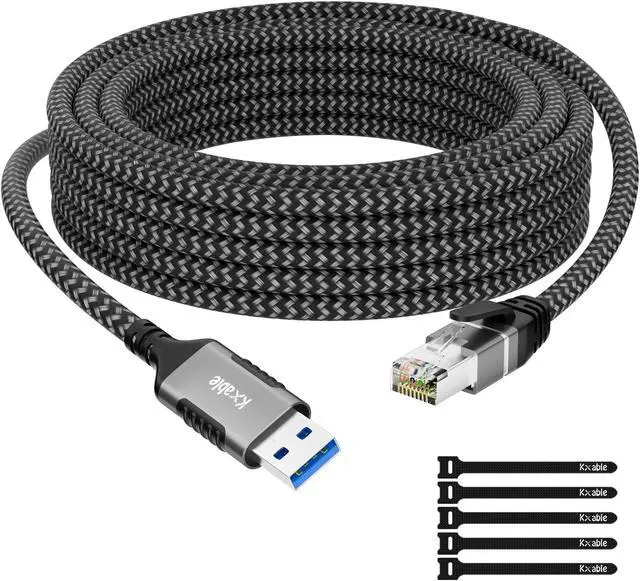 Main image of USB to Ethernet Cable 30 FT, 3.0 A Male to RJ45 Male Cord, Directly Connected, Aluminum Portable Gigabit LAN Network Cable for Laptop, PC, Switch, More, Braided with 5 Pcs Ties
