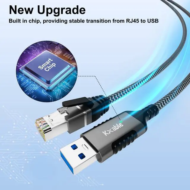 Alt view image 5 of 5 - USB to Ethernet Cable 30 FT, 3.0 A Male to RJ45 Male Cord, Directly Connected, Aluminum Portable Gigabit LAN Network Cable for Laptop, PC, Switch, More, Braided with 5 Pcs Ties