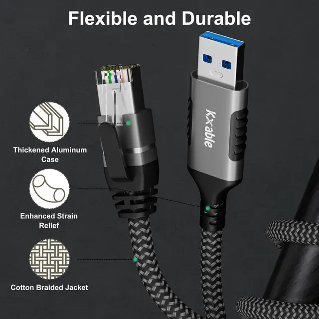 Alt view image 4 of 5 - USB to Ethernet Cable 50 FT, 3.0 A Male to RJ45 Male Cord, Directly Connected, Aluminum Portable Gigabit LAN Network Cable for Laptop, PC, Switch, More, Braided With 5 Pcs Ties